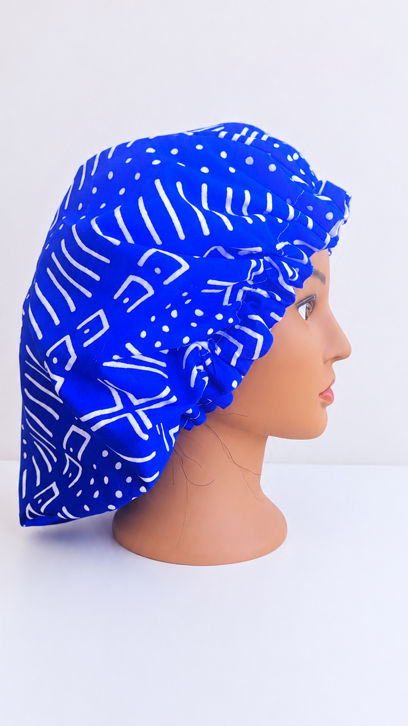 Royal Blue African Print Satin-Lined Hair Bonnet – Protective Sleep Cap for Hair 💙🤍💫