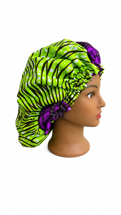 Electric Green & Purple African Print Satin Bonnet – Silk-Lined Hair Protection Cap- 💫 Sleep beautifully. Wake up glowing. Stay protected in style💚💜