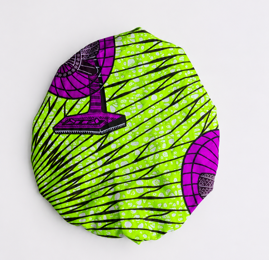 Electric Green & Purple African Print Satin Bonnet – Silk-Lined Hair Protection Cap- 💫 Sleep beautifully. Wake up glowing. Stay protected in style💚💜