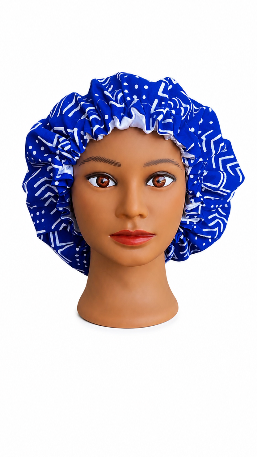 Royal Blue African Print Satin-Lined Hair Bonnet – Protective Sleep Cap for Hair 💙🤍💫