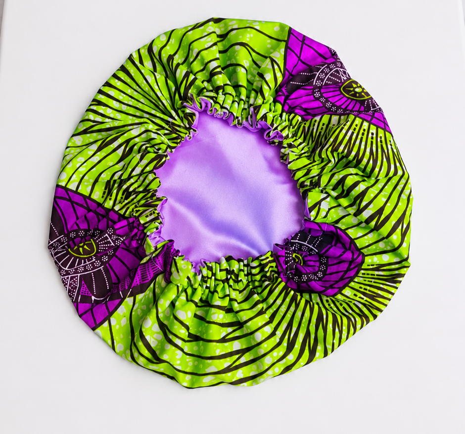 Electric Green & Purple African Print Satin Bonnet – Silk-Lined Hair Protection Cap- 💫 Sleep beautifully. Wake up glowing. Stay protected in style💚💜
