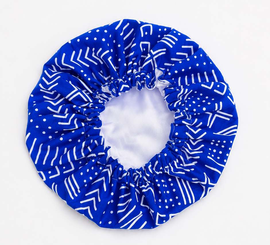 Royal Blue African Print Satin-Lined Hair Bonnet – Protective Sleep Cap for Hair 💙🤍💫