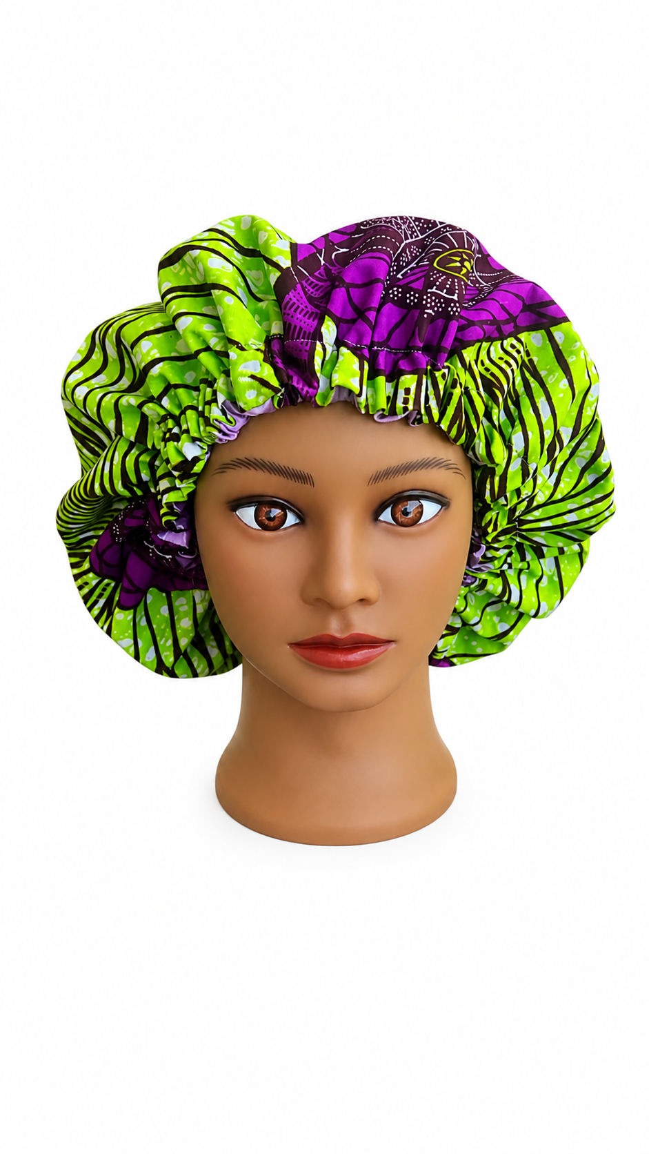 Electric Green & Purple African Print Satin Bonnet – Silk-Lined Hair Protection Cap- 💫 Sleep beautifully. Wake up glowing. Stay protected in style💚💜